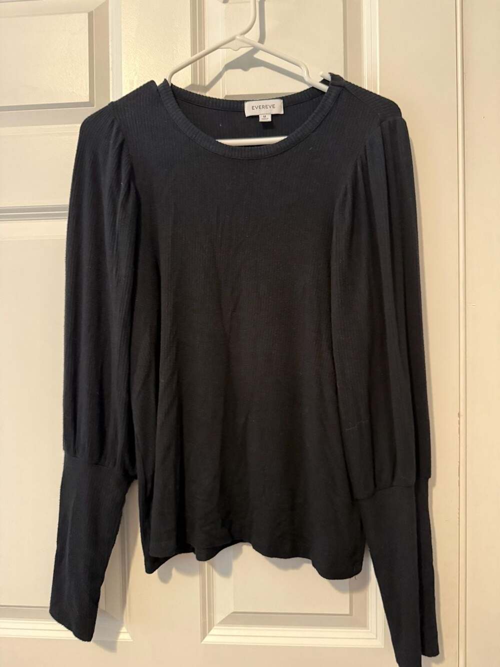 Evereve Black Long Sleeve Puff Sleeve Ribbed Top Size M
